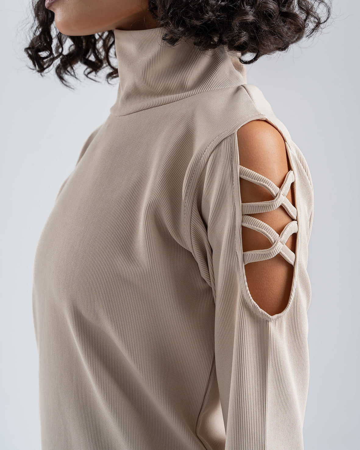 Beige Ribbed Turtleneck Blouse