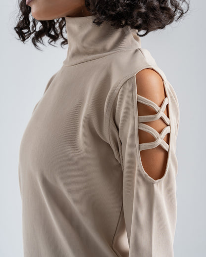 Beige Ribbed Turtleneck Blouse