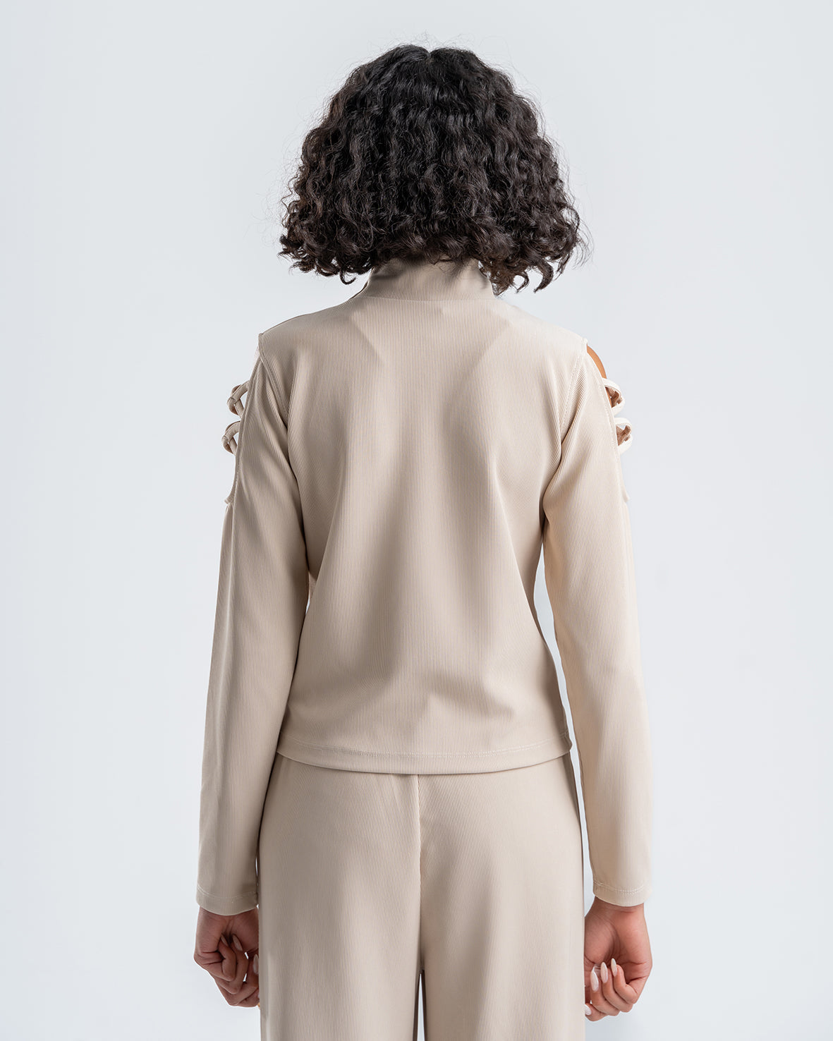 Beige Ribbed Turtleneck Blouse