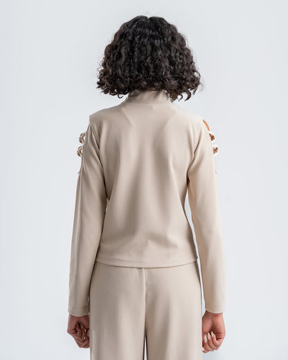 Beige Ribbed Turtleneck Blouse