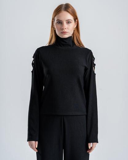 Black Ribbed Turtleneck Blouse