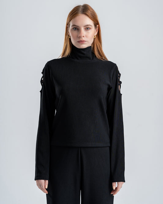 Black Ribbed Turtleneck Blouse
