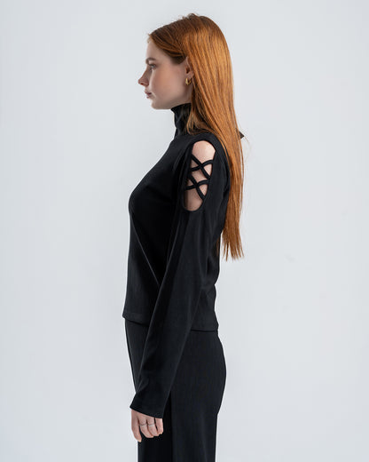 Black Ribbed Turtleneck Blouse