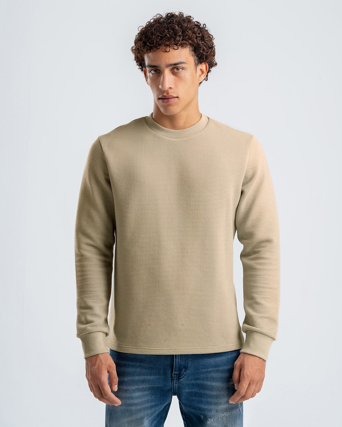 Men's Beige Textured Long Sleeve Sweater