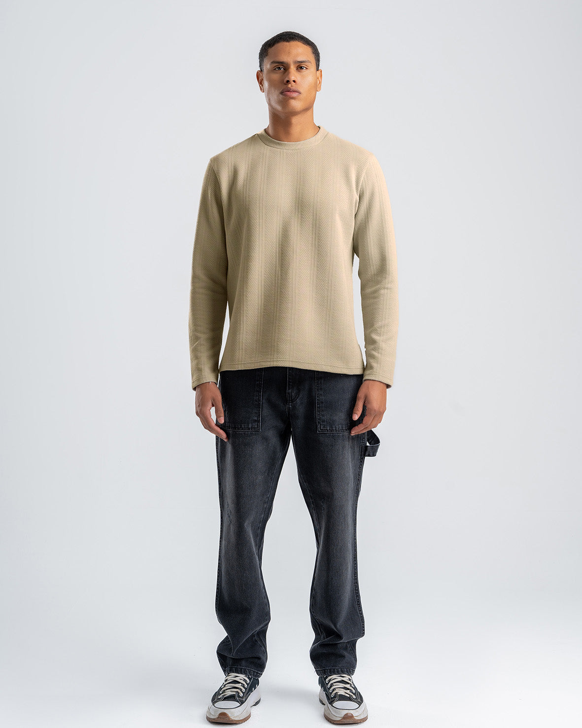 Men's Beige Textured Jacquard Sweatshirt