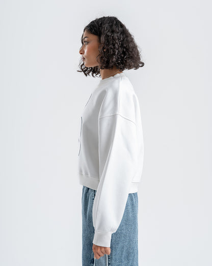 White Crew Neck Embroidered Women's Thick Sweatshirt