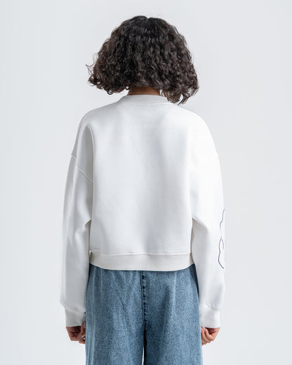 White Crew Neck Embroidered Women's Thick Sweatshirt