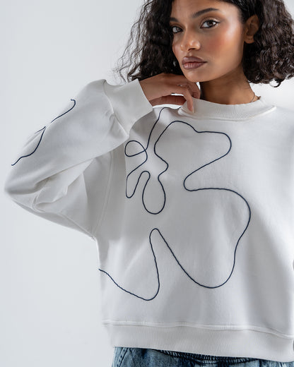 White Crew Neck Embroidered Women's Thick Sweatshirt