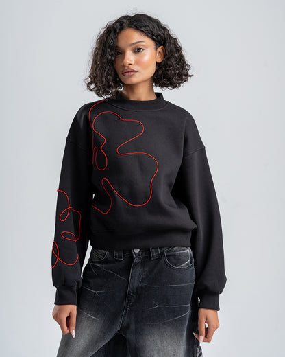 Black Crew Neck Embroidered Women's Thick Sweatshirt