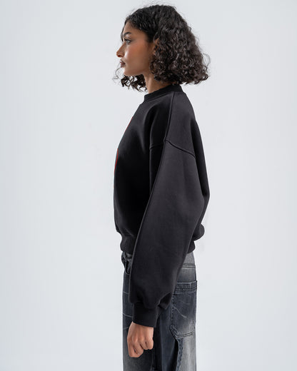 Black Crew Neck Embroidered Women's Thick Sweatshirt