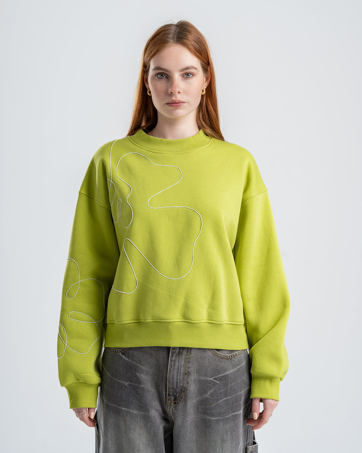 Light Green Crew Neck Embroidered Women's Thick Sweatshirt