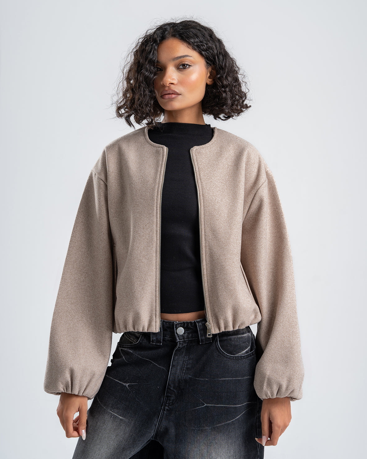 Beige Cropped Long Sleeve Bomber Jacket