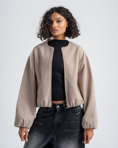 Beige Cropped Long Sleeve Bomber Jacket