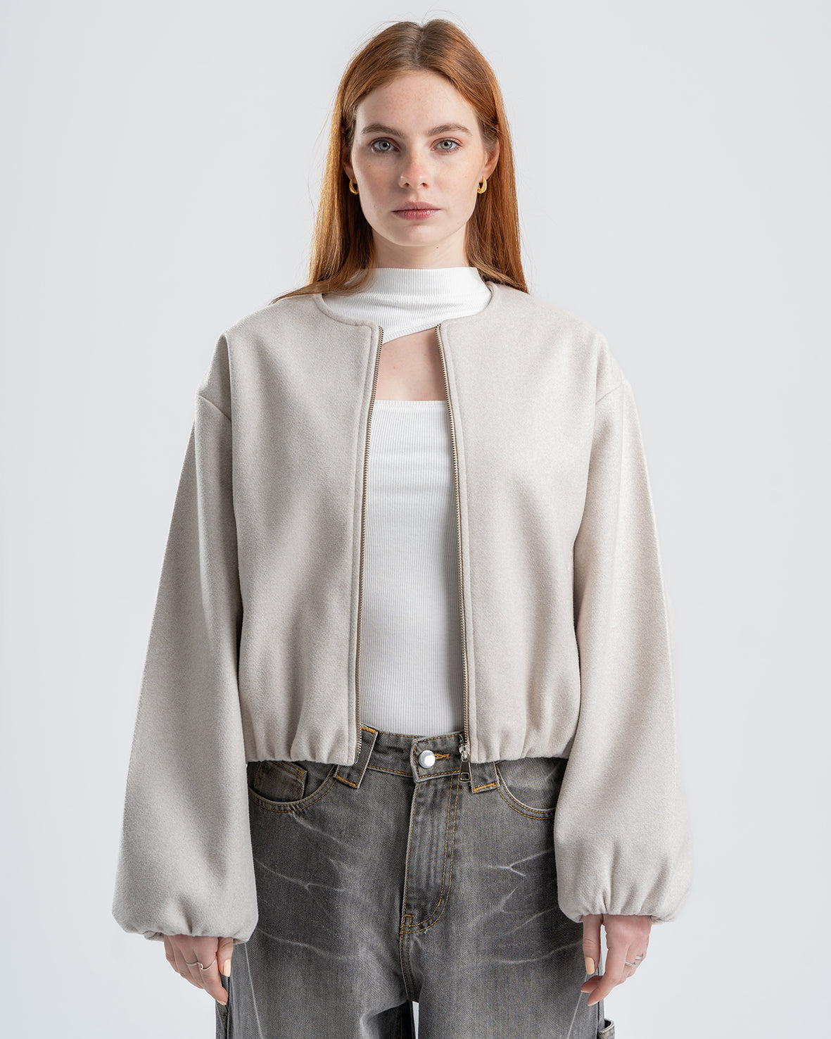 Light Beige Cropped Long Sleeve Bomber Jacket