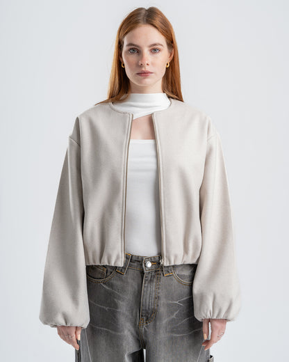 Light Beige Cropped Long Sleeve Bomber Jacket