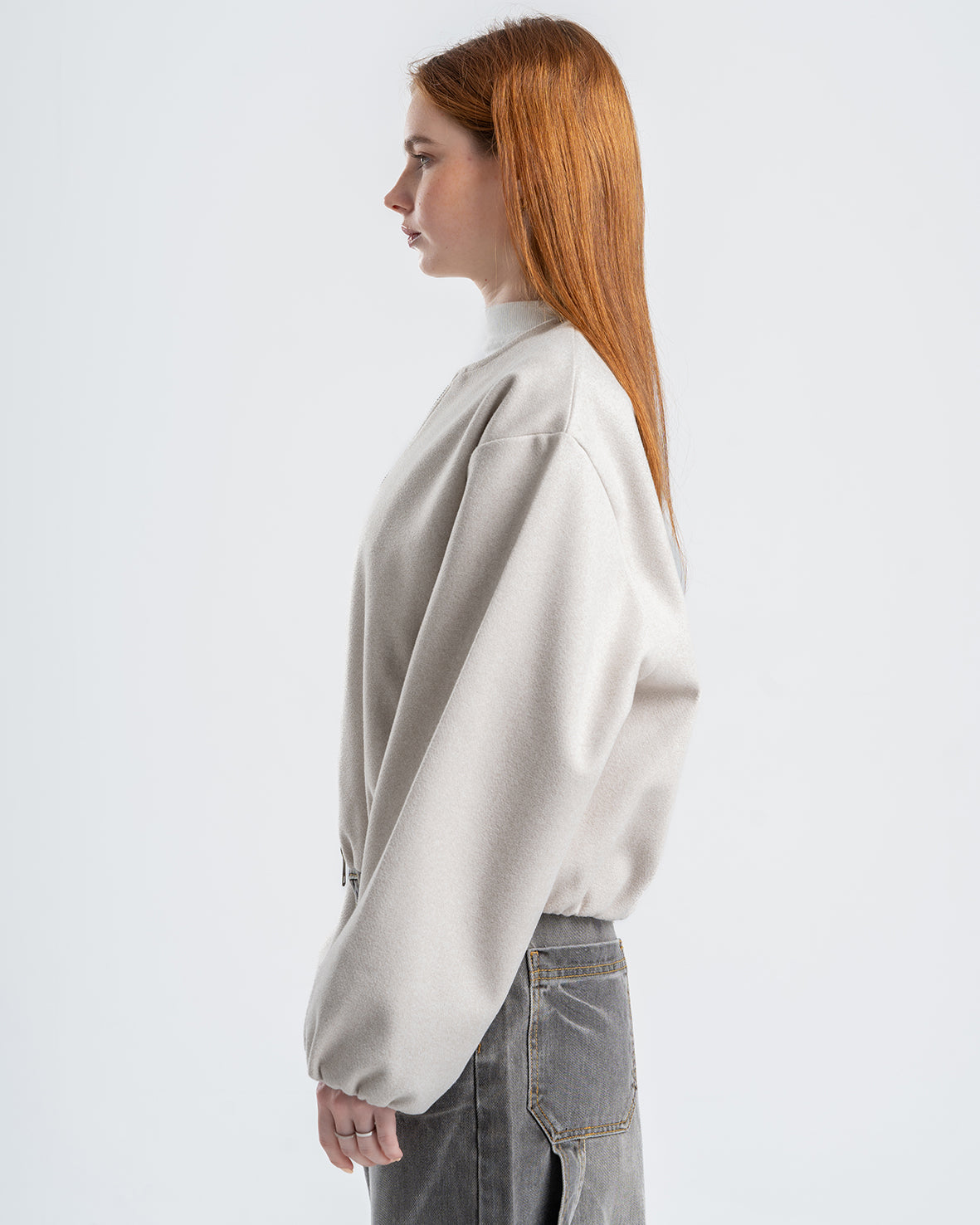 Light Beige Cropped Long Sleeve Bomber Jacket