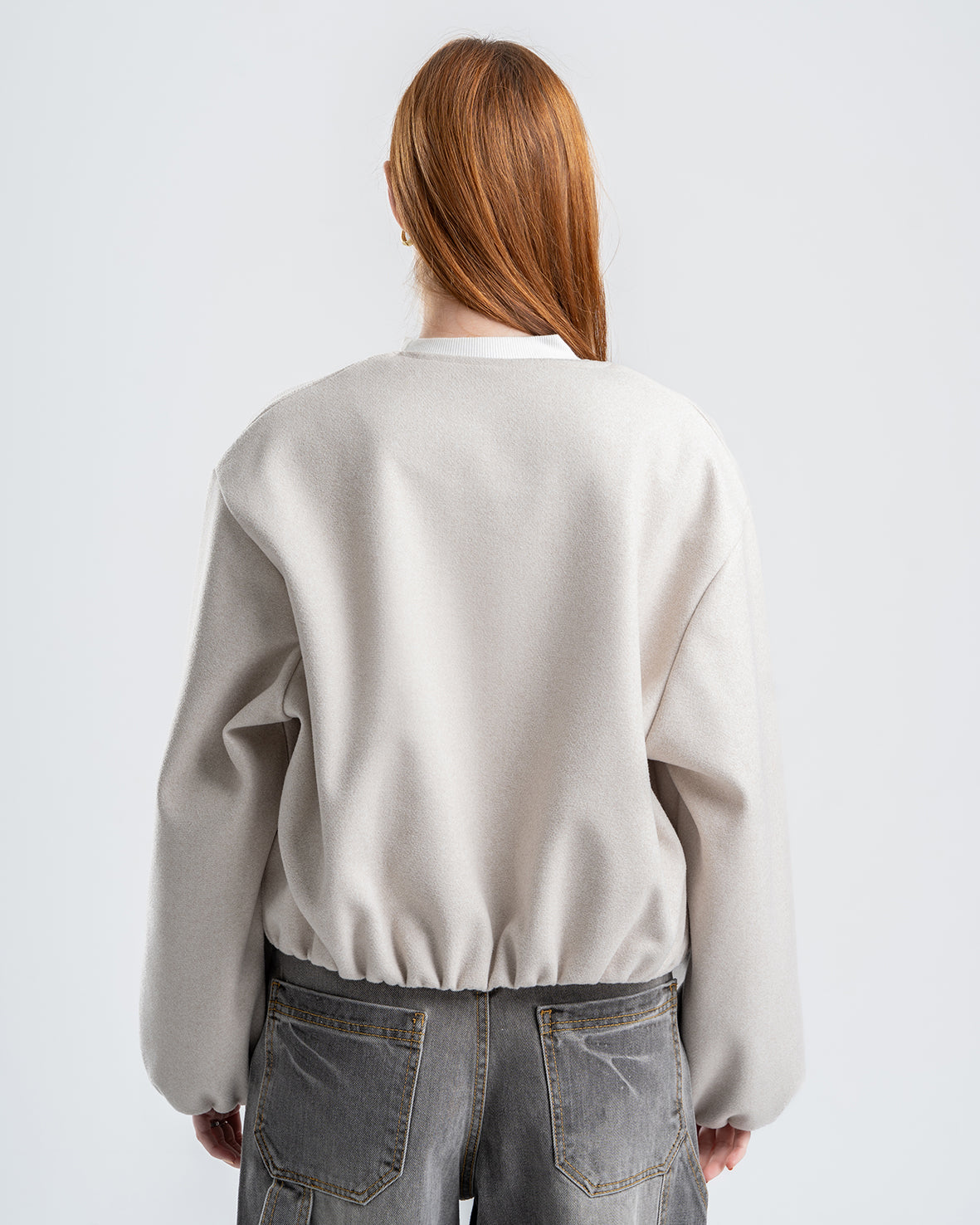 Light Beige Cropped Long Sleeve Bomber Jacket