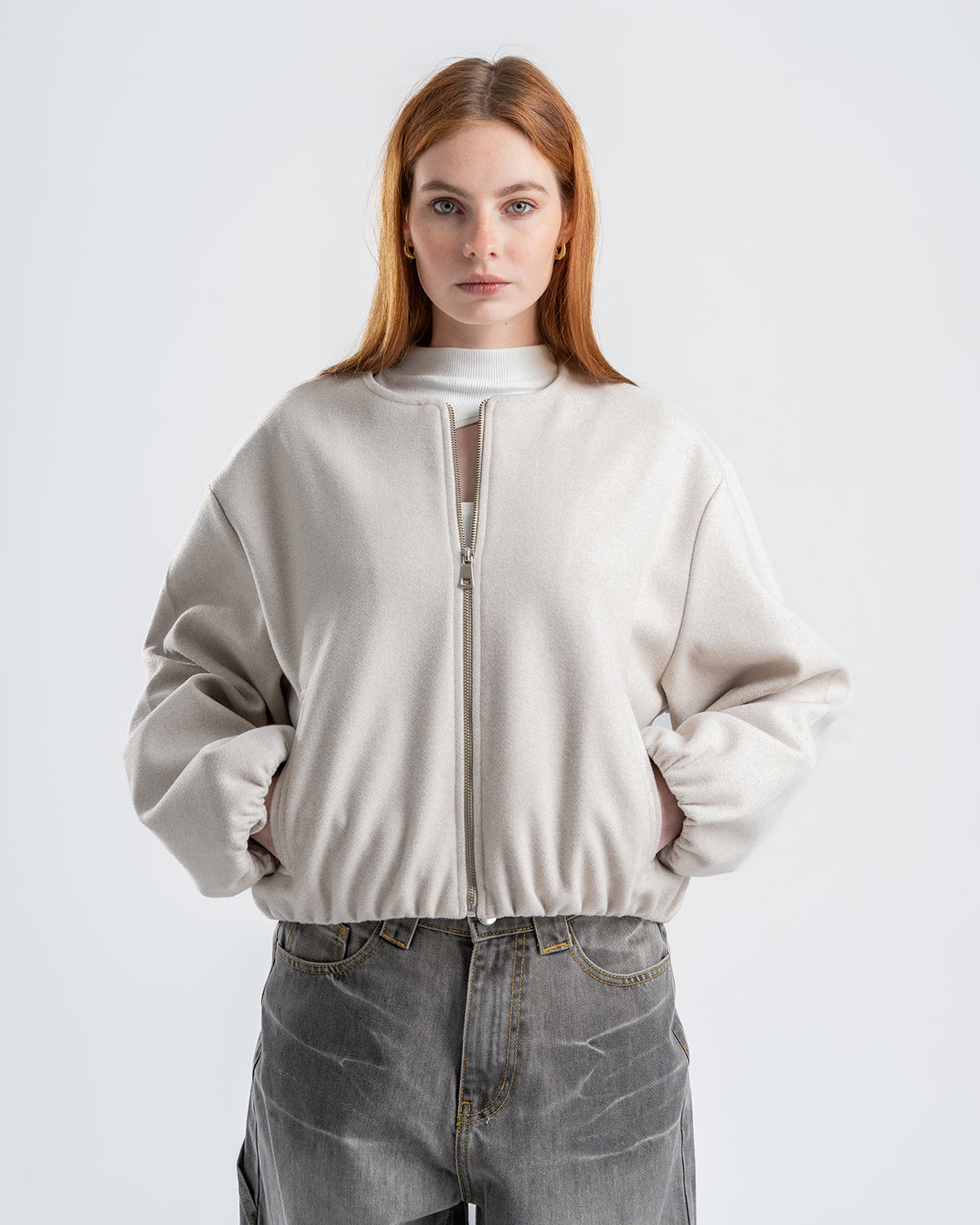 Light Beige Cropped Long Sleeve Bomber Jacket