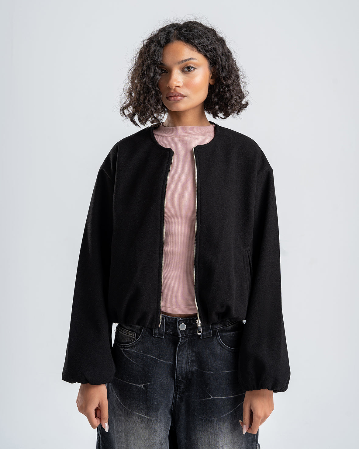 Black Cropped Long Sleeve Bomber Jacket