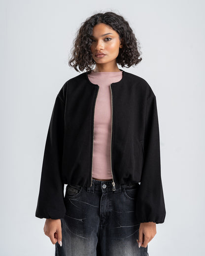 Black Cropped Long Sleeve Bomber Jacket