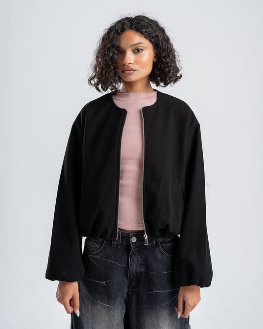 Black Cropped Long Sleeve Bomber Jacket