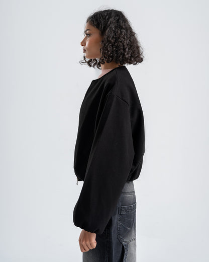 Black Cropped Long Sleeve Bomber Jacket