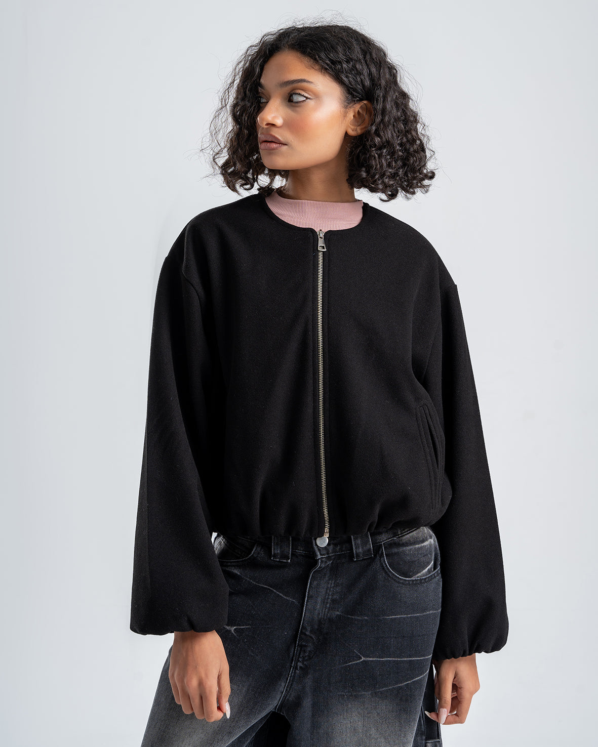 Black Cropped Long Sleeve Bomber Jacket