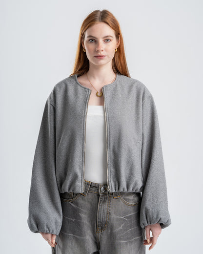 Gray Cropped Long Sleeve Bomber Jacket