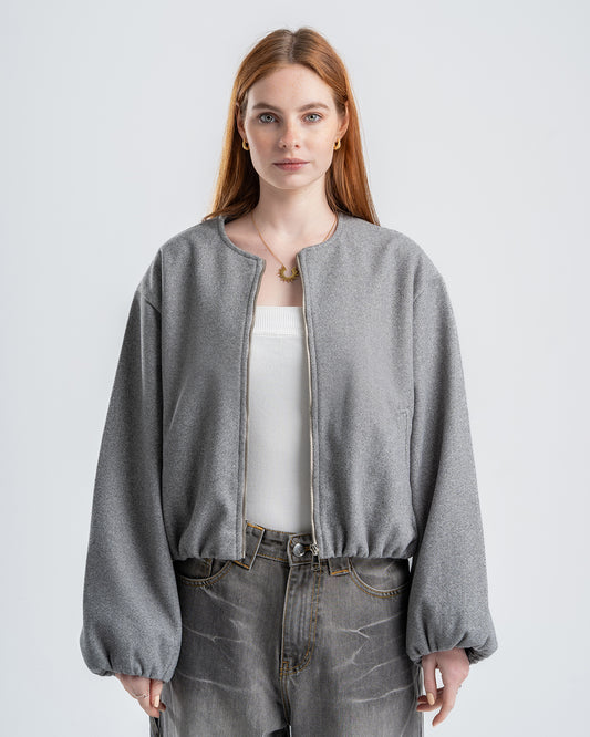 Gray Cropped Long Sleeve Bomber Jacket
