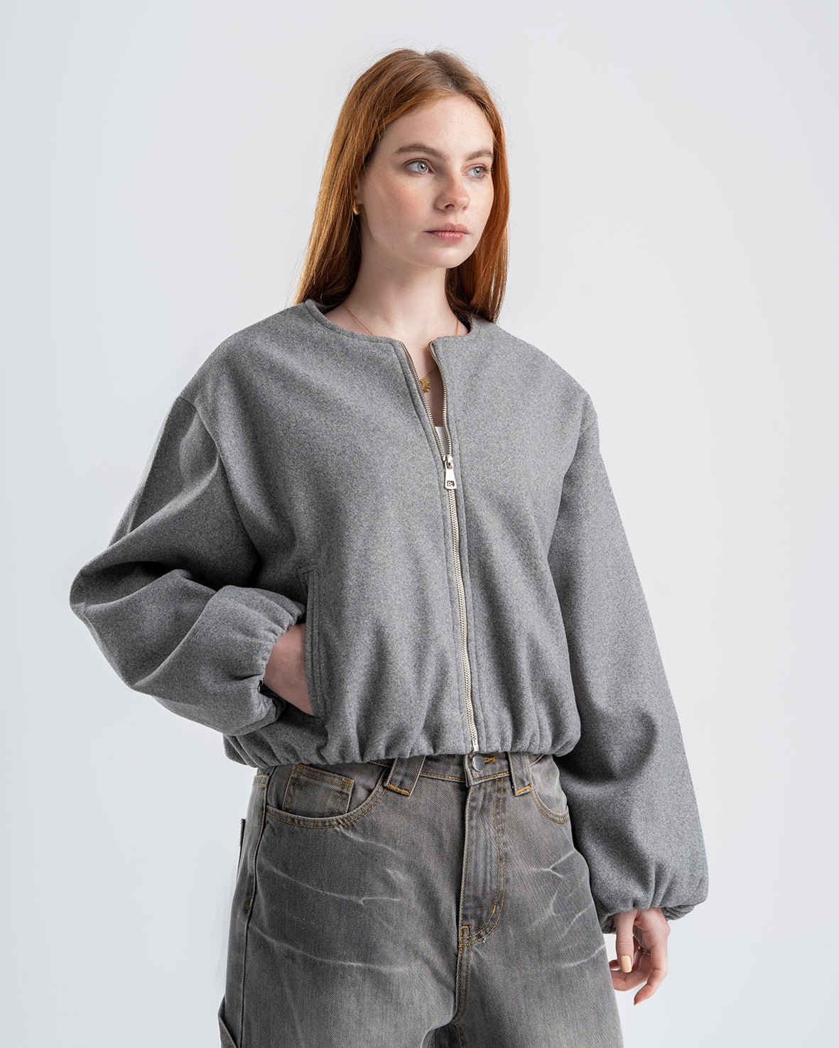 Gray Cropped Long Sleeve Bomber Jacket