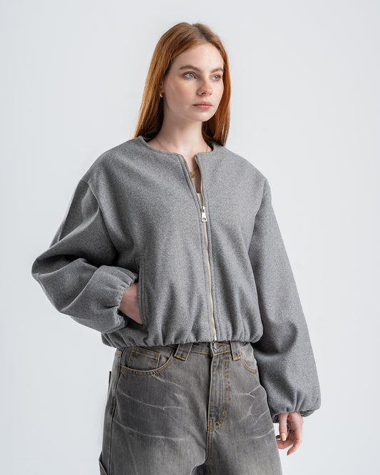 Gray Cropped Long Sleeve Bomber Jacket