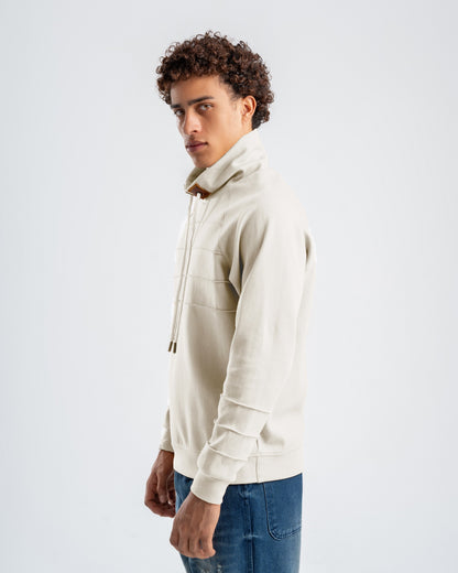 Men's White Ribbed Fleece High Neck Sweatshirt