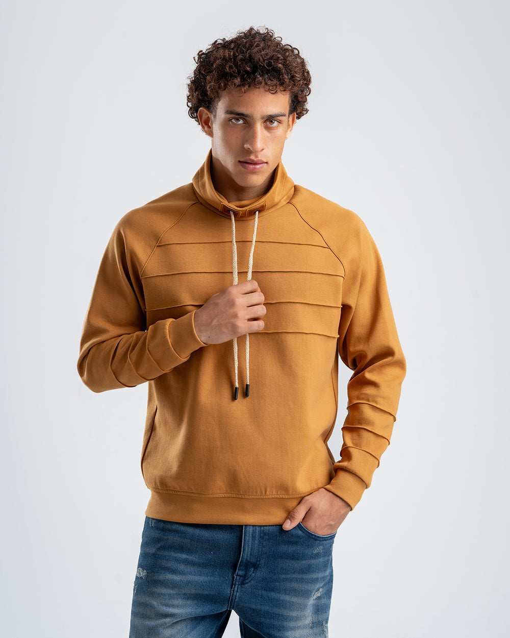 Men's Brown Ribbed Fleece High Neck Sweatshirt