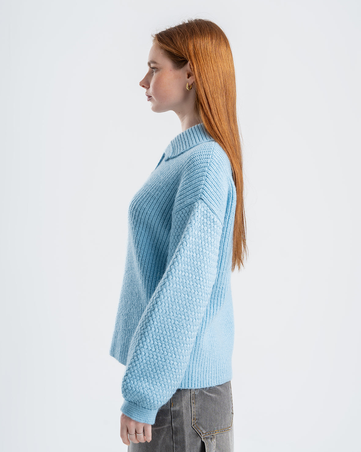 Sky Blue Knitted Sweater With Button-Down Collar