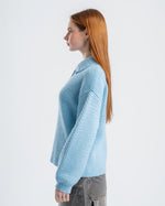 Sky Blue Knitted Sweater With Button-Down Collar