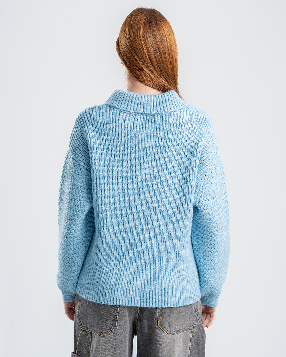 Sky Blue Knitted Sweater With Button-Down Collar