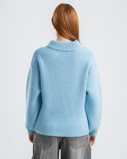 Sky Blue Knitted Sweater With Button-Down Collar