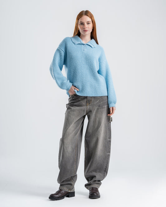 Sky Blue Knitted Sweater With Button-Down Collar