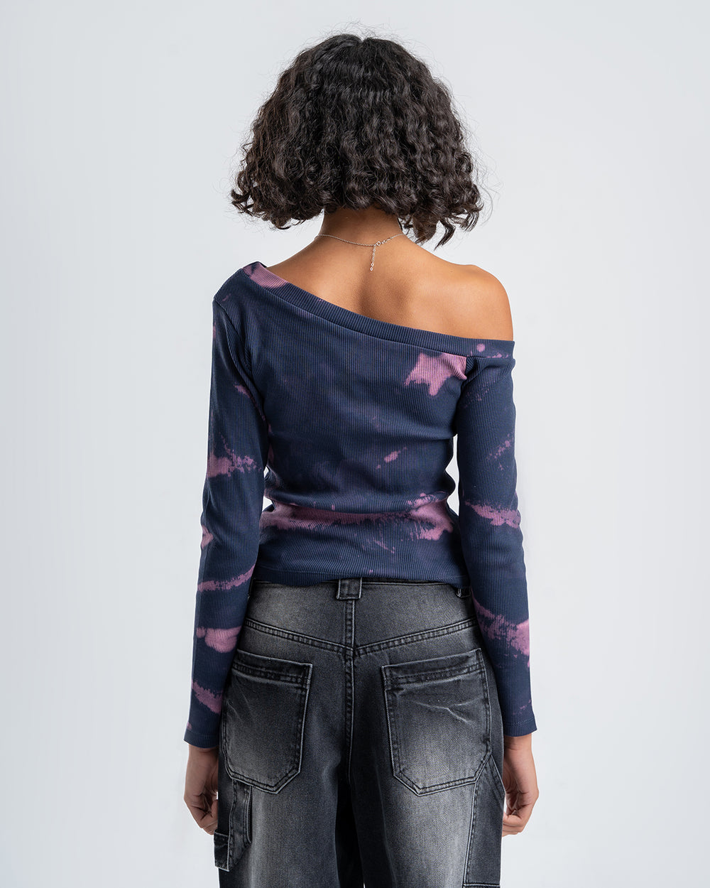 One-Shoulder Tie-Dye Top-Navy