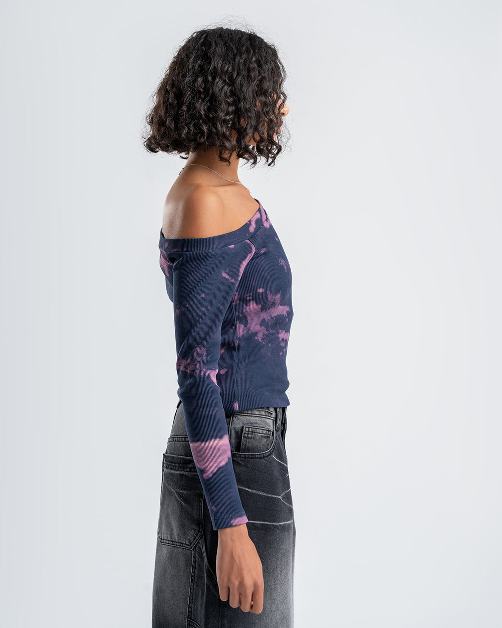 One-Shoulder Tie-Dye Top-Navy
