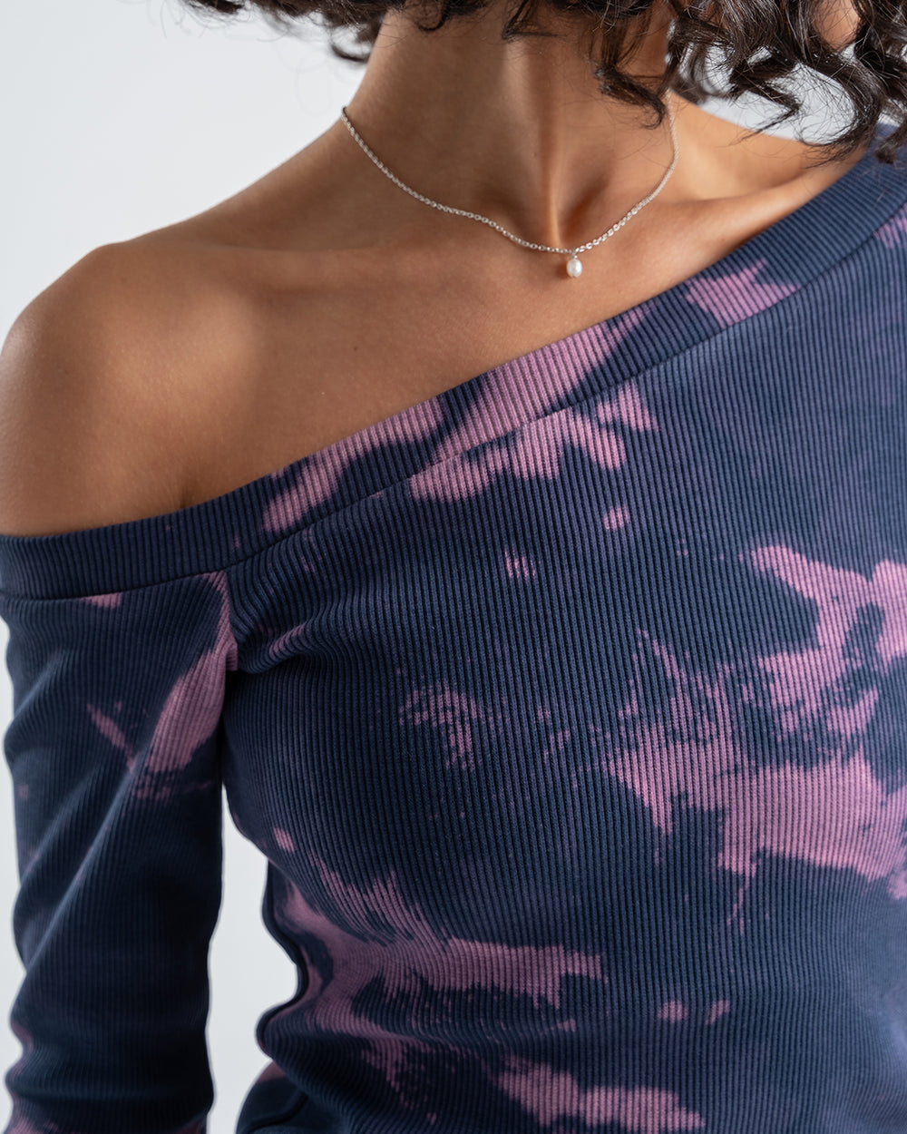 One-Shoulder Tie-Dye Top-Navy