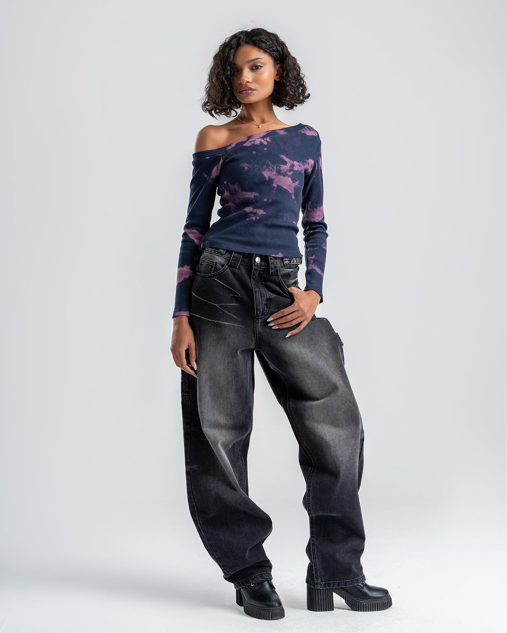 One-Shoulder Tie-Dye Top-Navy