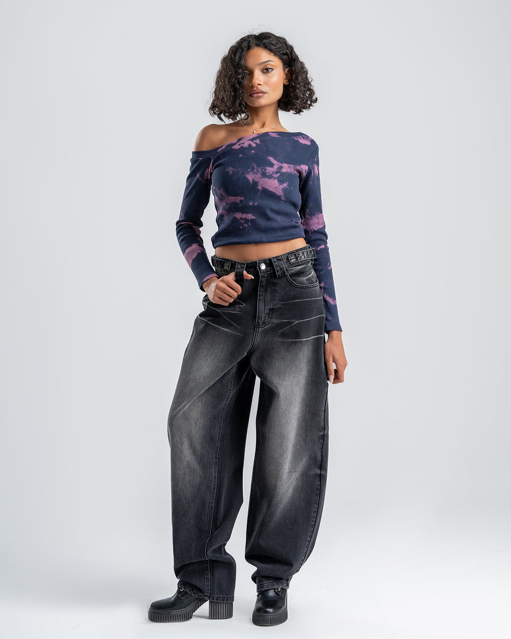 One-Shoulder Tie-Dye Top-Navy