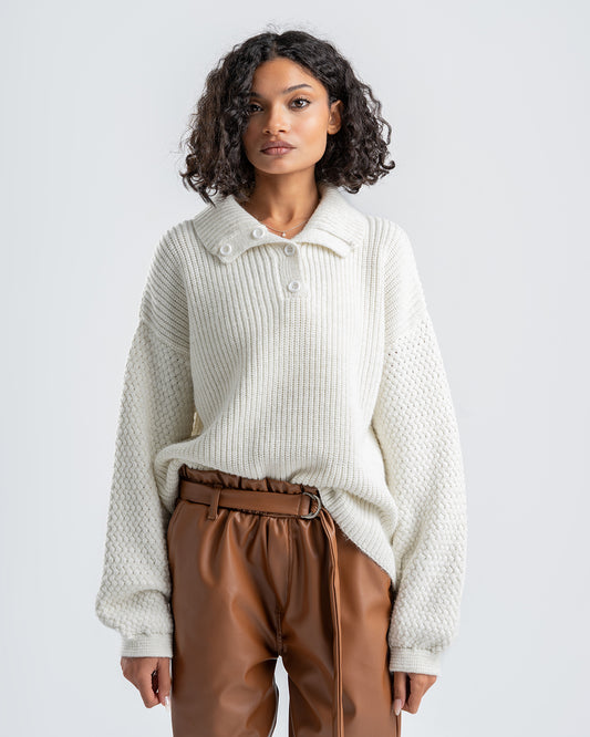 White Knitted Sweater With Button-Down Collar