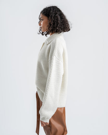 White Knitted Sweater With Button-Down Collar