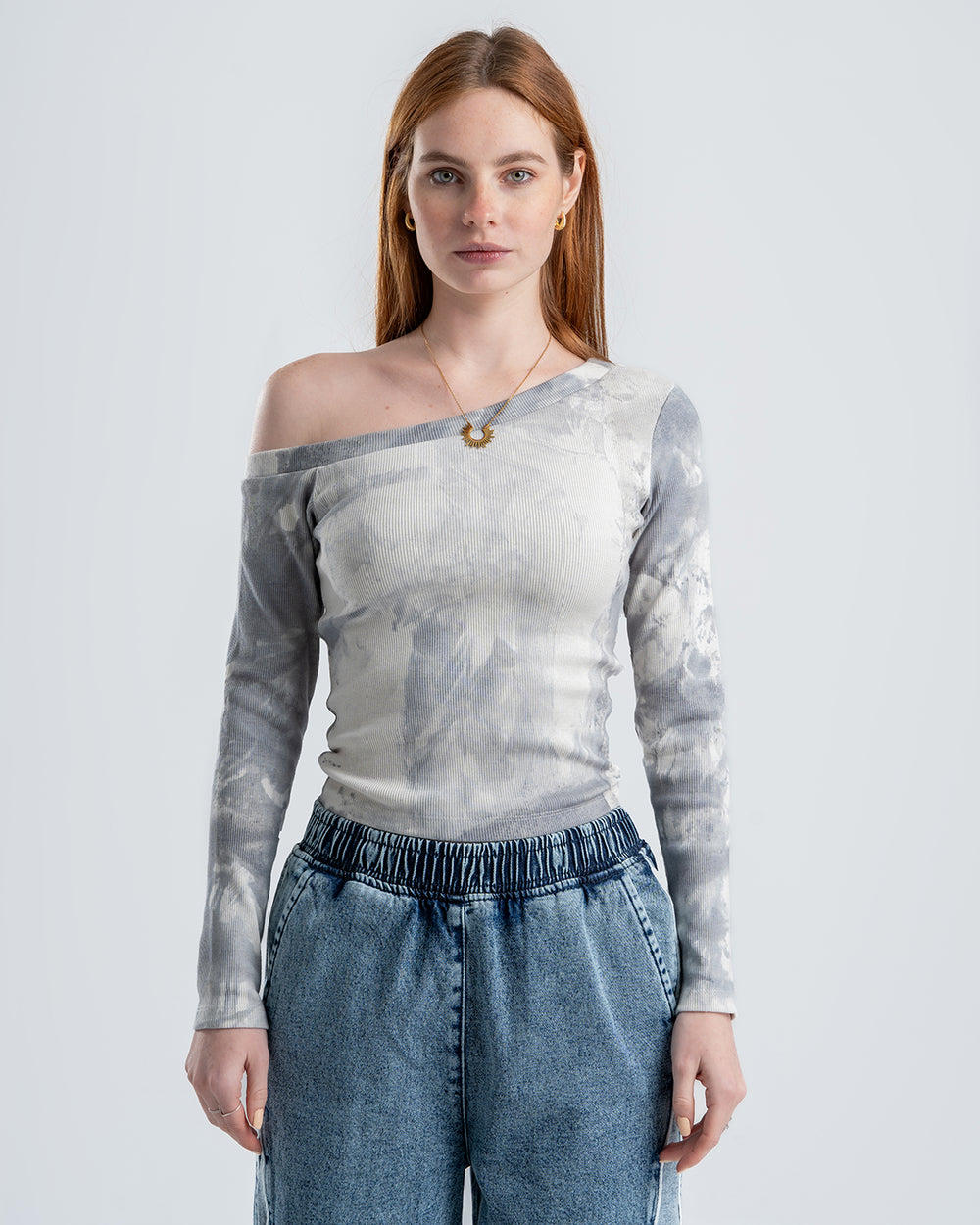 One-Shoulder Tie-Dye Top-gray