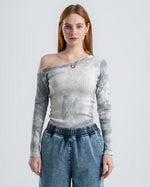 One-Shoulder Tie-Dye Top-gray
