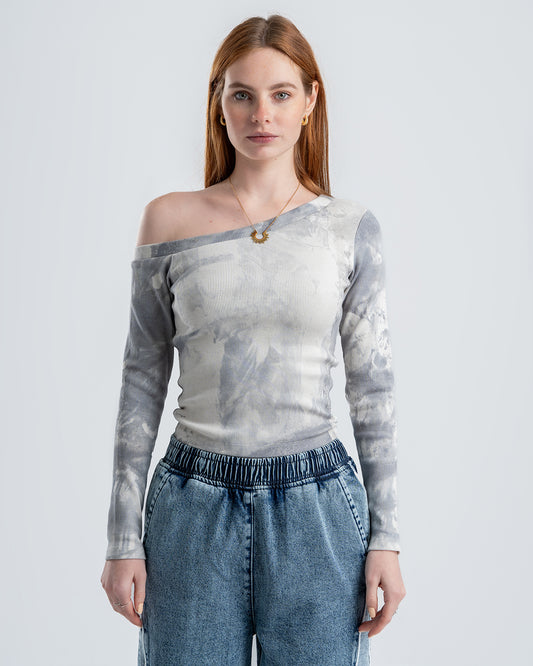 One-Shoulder Tie-Dye Top-gray