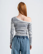 One-Shoulder Tie-Dye Top-gray