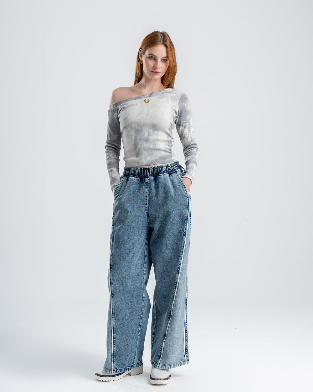 One-Shoulder Tie-Dye Top-gray